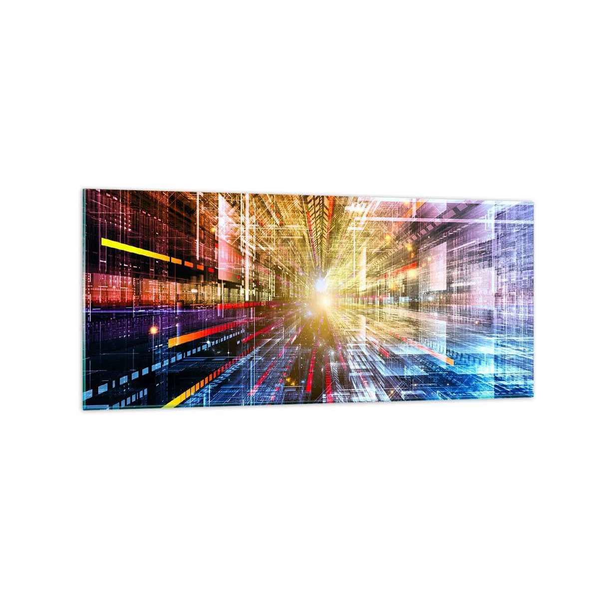 Cuadro sobre vidrio - Impresiones sobre Vidrio - Luces dinámicas en un pasillo futurista - 120x50cm - Un pasillo luminoso - Decoración de pared moderna para salón y dormitorio ARTTOR