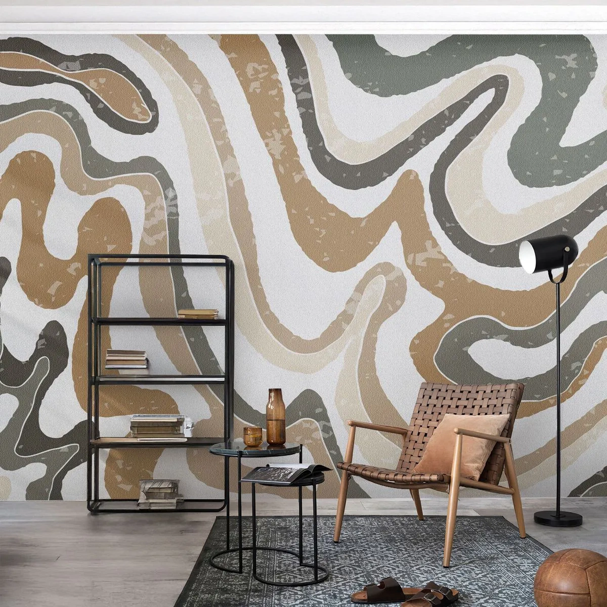Fotomural Premium Sand - Líneas orgánicas en tonos marrones, beige y verdes. - 100x70cm - Meandros de colores terrosos - Decoración de pared moderna para salón y dormitorio ARTTOR