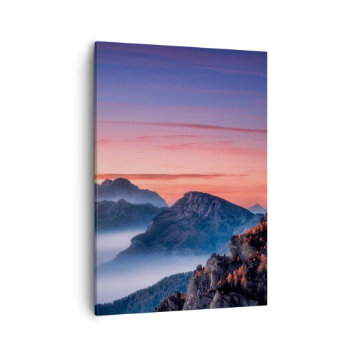 Cuadro sobre lienzo - Impresión de Imagen - Paisaje de montaña al amanecer con niebla en los valles. - 50x70cm - Sobre los valles - Decoración de pared moderna para salón y dormitorio ARTTOR