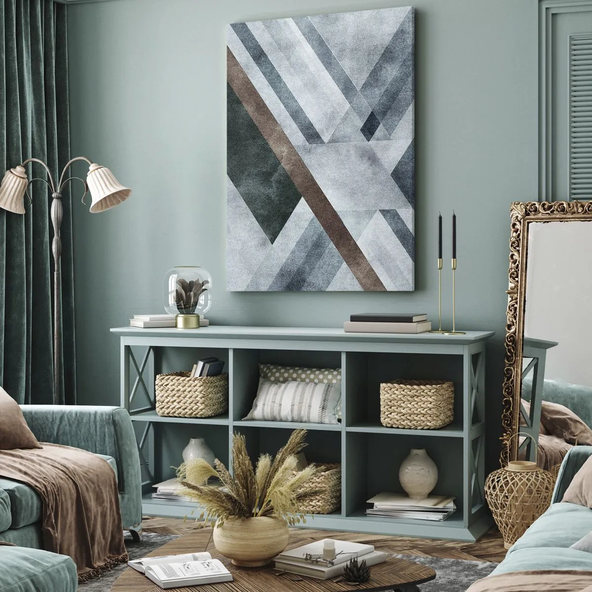 Cuadro sobre lienzo - Impresión de Imagen - Formas geométricas en tonos fríos de azul y marrón. - 50x70cm - Sofisticada elegancia de la geometría - Decoración de pared moderna para salón y dormitorio ARTTOR