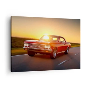 Cuadro sobre lienzo - Impresión de Imagen - Un coche rojo al atardecer en una carretera abierta. - 70x50cm - El deseo es rojo - Decoración de pared moderna para salón y dormitorio ARTTOR