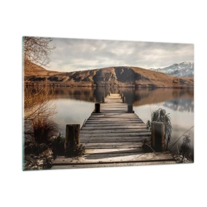 Cuadro sobre vidrio - Impresiones sobre Vidrio - Un embarcadero de madera sobre un lago con vistas a las montañas al fondo. - 120x80cm - Un paisaje en silencio - Decoración de pared moderna para salón y dormitorio ARTTOR