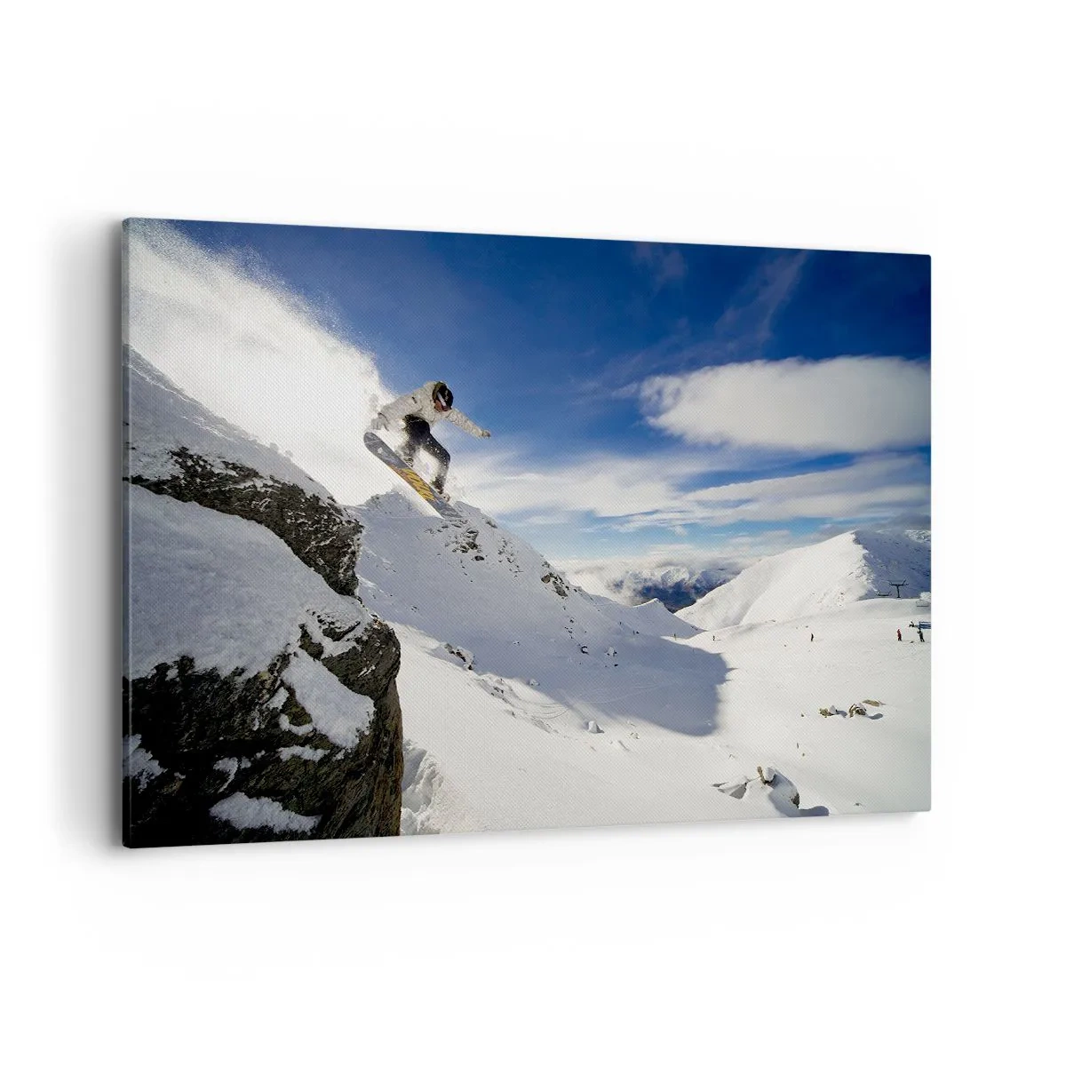 Cuadro sobre lienzo - Impresión de Imagen - Un snowboarder salta desde un acantilado con montañas cubiertas de nieve al fondo. - 120x80cm - Libertad sin fronteras - Decoración de pared moderna para salón y dormitorio ARTTOR