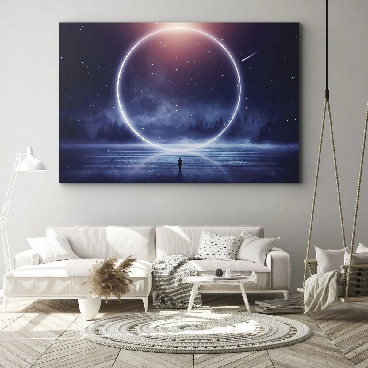 Cuadro sobre lienzo - Impresión de Imagen - Un paisaje mágico con una figura y un círculo de luz por la noche. - 70x50cm - Ya están aquí... - Decoración de pared moderna para salón y dormitorio ARTTOR