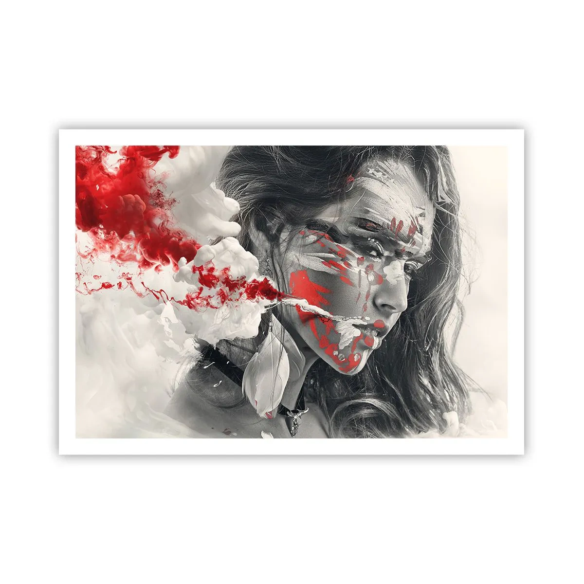 Póster - Retrato artístico de una mujer con acentos rojos abstractos. - 100x70cm - En los humos del absurdo - Decoración de pared moderna para salón y dormitorio ARTTOR