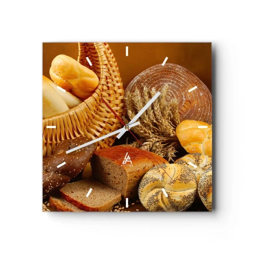 Reloj de pared - Reloj de vidrio - Varios panes en una cesta de mimbre sobre un fondo dorado. - 30x30cm - Nos han vuelto a hornear - Decoración de pared moderna para salón y dormitorio ARTTOR