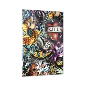 Cuadro sobre vidrio - Impresiones sobre Vidrio - Obra de arte colorida estilo tatuaje con calaveras y motivos náuticos. - 70x100cm - El sueño de un tatuador - Decoración de pared moderna para salón y dormitorio ARTTOR