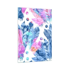 Cuadro sobre vidrio - Impresiones sobre Vidrio - Patrón abstracto con plumas de colores en tonos pastel. - 80x120cm - Plumas de color rosa y azul - Decoración de pared moderna para salón y dormitorio ARTTOR