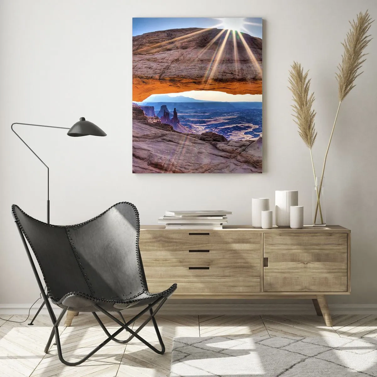 Cuadro sobre vidrio - Impresiones sobre Vidrio - Arco de roca con vistas al cañón al amanecer. - 80x120cm - A través de la puerta de la roca - Decoración de pared moderna para salón y dormitorio ARTTOR