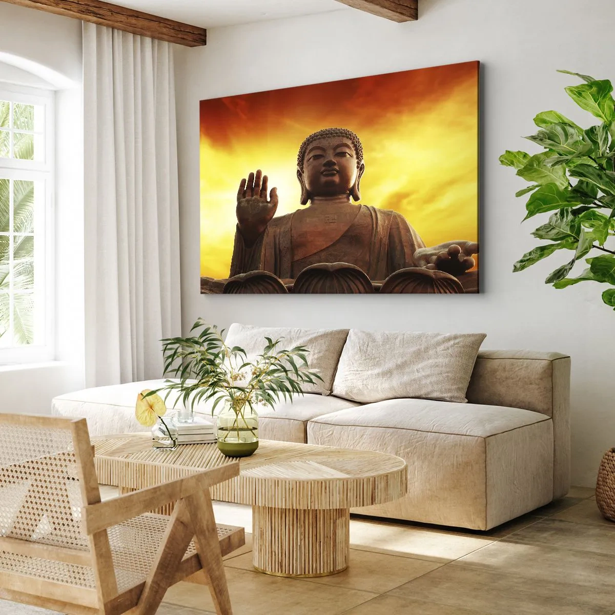 Cuadro sobre lienzo - Impresión de Imagen - Una estatua de Buda contra un cielo dorado al atardecer. - 120x80cm - La calma del mundo - Decoración de pared moderna para salón y dormitorio ARTTOR