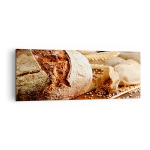 Cuadro sobre lienzo - Impresión de Imagen - Pan crujiente con cereales y espigas de trigo sobre un fondo de madera - 140x50cm - Apetitoso, fragante, crujiente - Decoración de pared moderna para salón y dormitorio ARTTOR