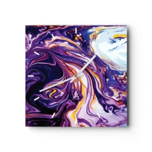 Reloj de pared - Reloj de vidrio - Un patrón abstracto dinámico en tonos morado y amarillo. - 30x30cm - Una curva en el violeta - Decoración de pared moderna para salón y dormitorio ARTTOR