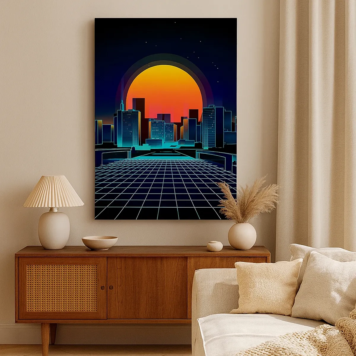 Cuadro sobre lienzo - Impresión de Imagen - Horizonte urbano futurista de estilo neón - 50x70cm - ¿Todavía deseas volver a la realidad? - Decoración de pared moderna para salón y dormitorio ARTTOR