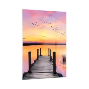 Cuadro sobre vidrio - Impresiones sobre Vidrio - Muelle junto al lago al atardecer con pájaros en el cielo - 50x70cm - Violeta amanecer silencioso - Decoración de pared moderna para salón y dormitorio ARTTOR
