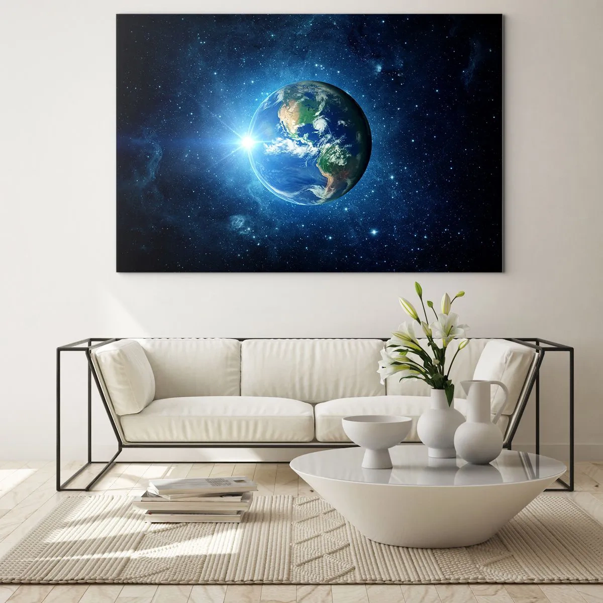 Cuadro sobre vidrio - Impresiones sobre Vidrio - La Tierra vista desde el espacio con rayos de luz. - 100x70cm - Estamos en el cielo - Decoración de pared moderna para salón y dormitorio ARTTOR
