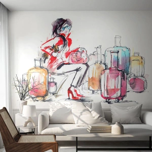 Fotomural Standard Eco - Mujer elegante viajando con maletas coloridas - 100x70cm - Sentémonos antes del viaje - Decoración de pared moderna para salón y dormitorio ARTTOR