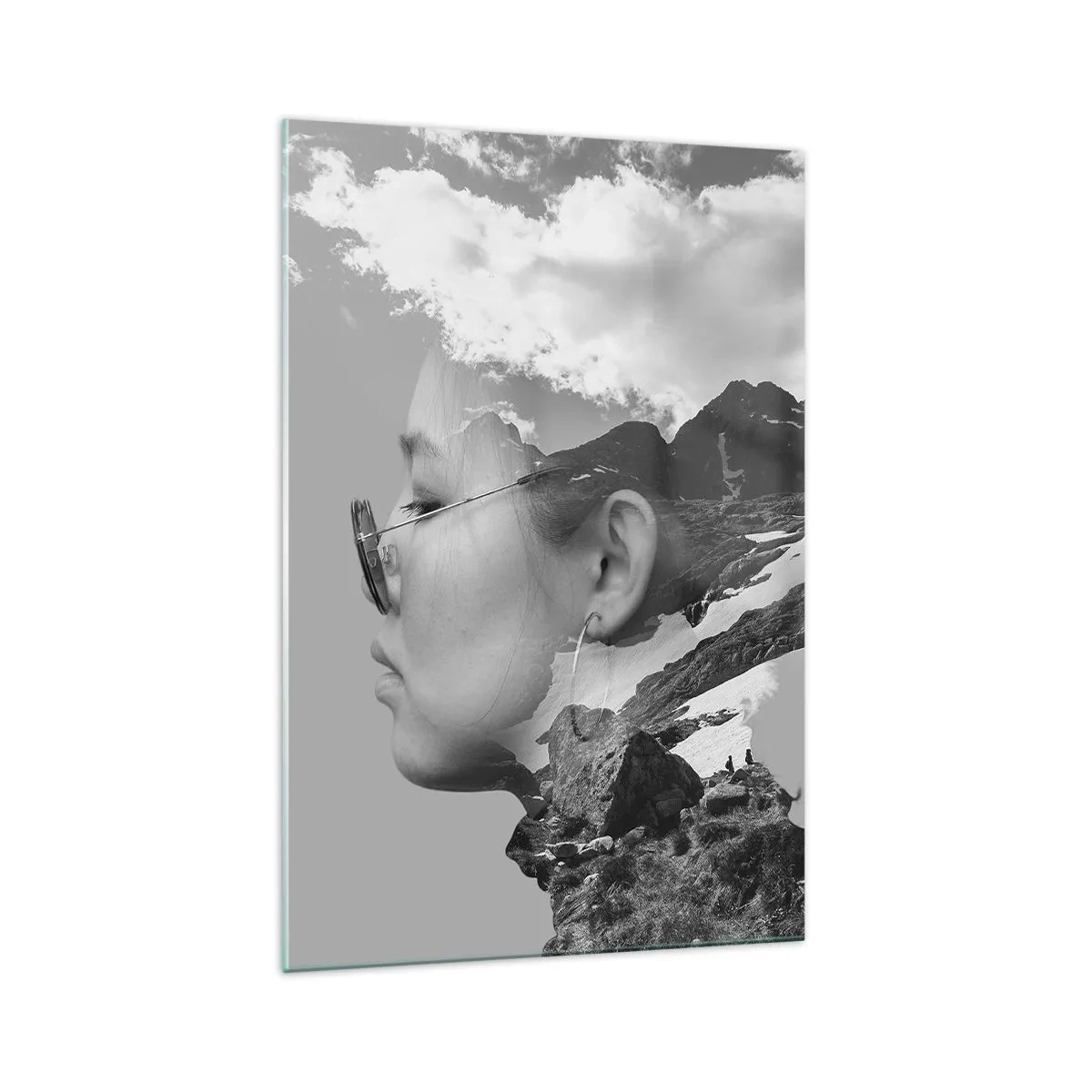 Cuadro sobre vidrio - Impresiones sobre Vidrio - Una composición en blanco y negro con la silueta de una mujer y un paisaje de montaña. - 70x100cm - Retrato sobre montañas y nubes - Decoración de pared moderna para salón y dormitorio ARTTOR