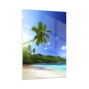 Cuadro sobre vidrio - Impresiones sobre Vidrio - Playa tropical con palmeras y aguas cristalinas. - 50x70cm - Un suave toque tropical - Decoración de pared moderna para salón y dormitorio ARTTOR