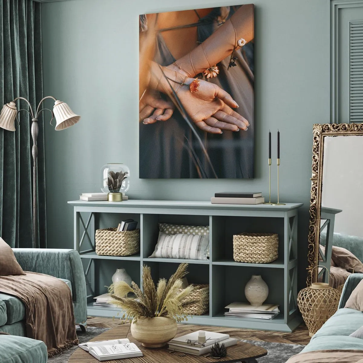 Cuadro sobre lienzo - Impresión de Imagen - Manos sensuales con flores en un entorno natural. - 80x120cm - Conectada con la naturaleza - Decoración de pared moderna para salón y dormitorio ARTTOR