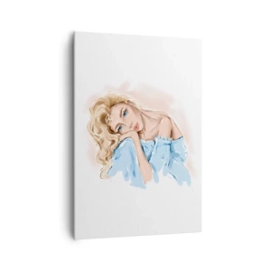 Cuadro sobre lienzo - Impresión de Imagen - Retrato de una mujer con un vestido azul y cabello rubio. - 70x100cm - Soñar en azul - Decoración de pared moderna para salón y dormitorio ARTTOR