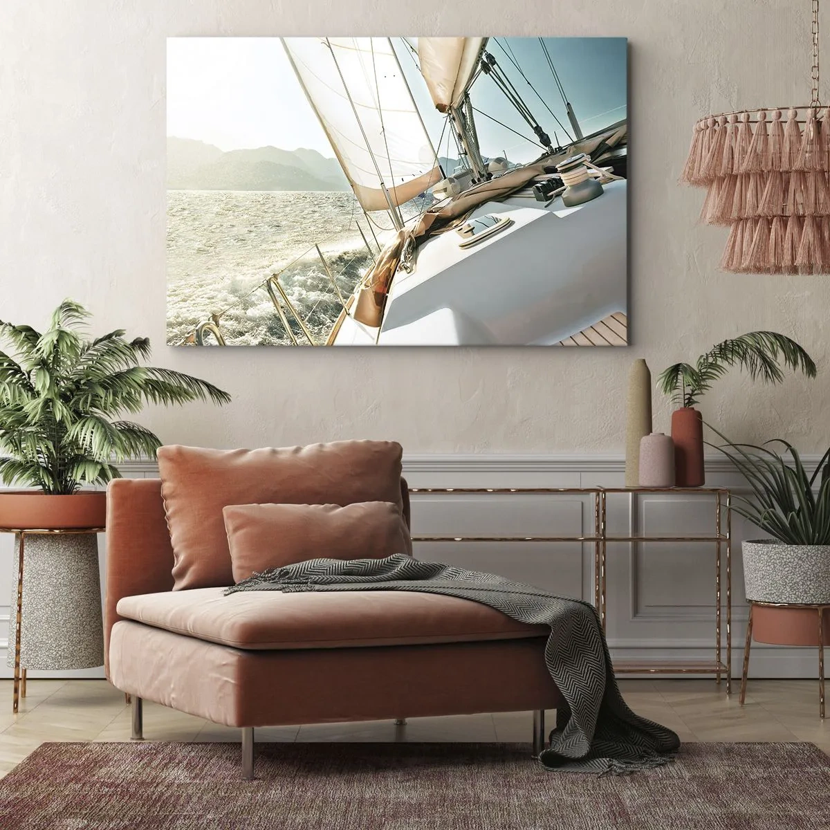 Cuadro sobre lienzo - Impresión de Imagen - Un yate en mar abierto con vistas a las montañas. - 70x50cm - A toda vela - Decoración de pared moderna para salón y dormitorio ARTTOR