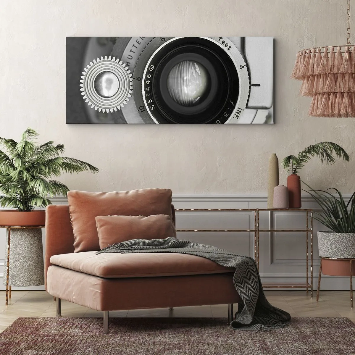 Cuadro sobre lienzo - Impresión de Imagen - La lente de una cámara antigua - 120x50cm - Una historia de Hollywood - Decoración de pared moderna para salón y dormitorio ARTTOR