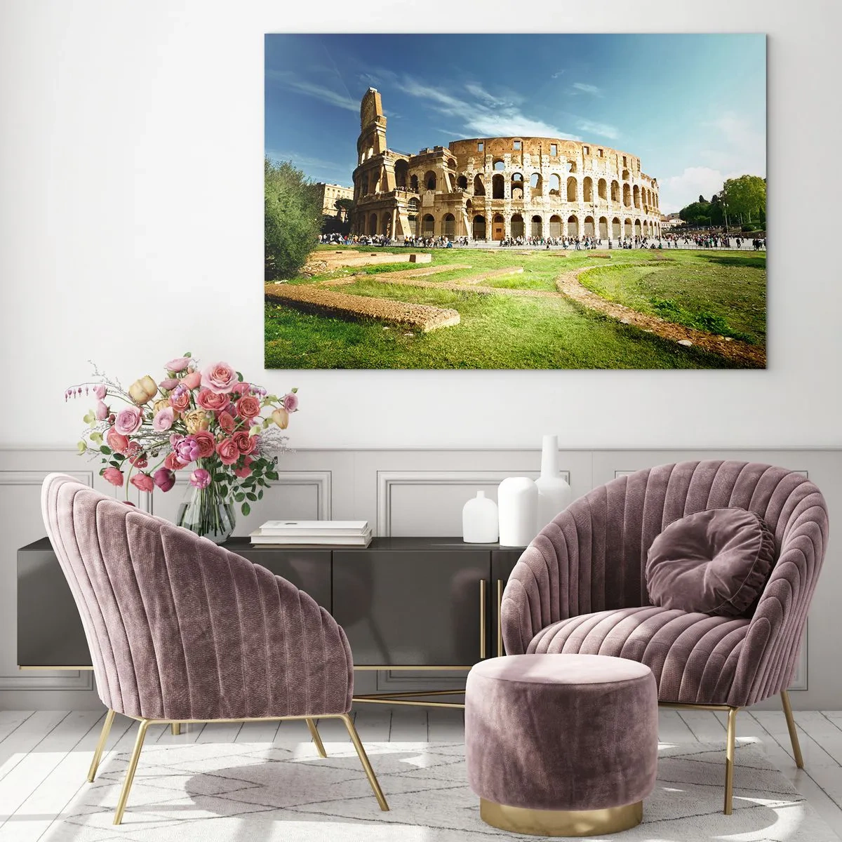 Cuadro sobre vidrio - Impresiones sobre Vidrio - El Coliseo de Roma iluminado por el sol - 70x50cm - Todavía se oye el sonido de las armas - Decoración de pared moderna para salón y dormitorio ARTTOR