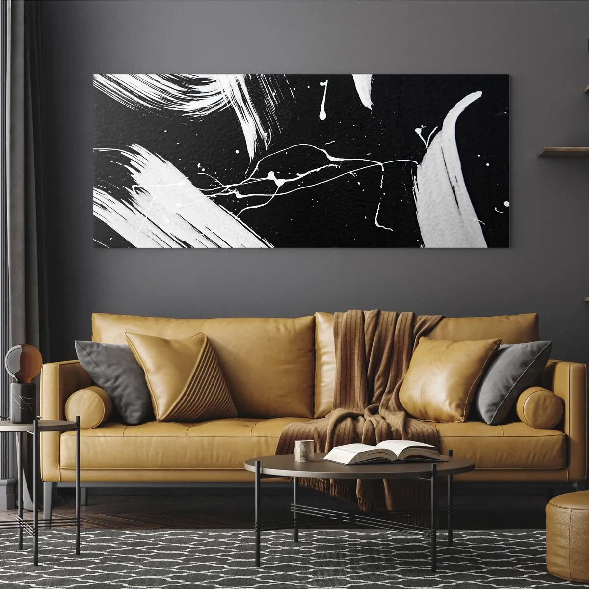 Cuadro sobre vidrio - Impresiones sobre Vidrio - Trazos blancos abstractos sobre un fondo negro - 160x50cm - Rompiendo la oscuridad - Decoración de pared moderna para salón y dormitorio ARTTOR