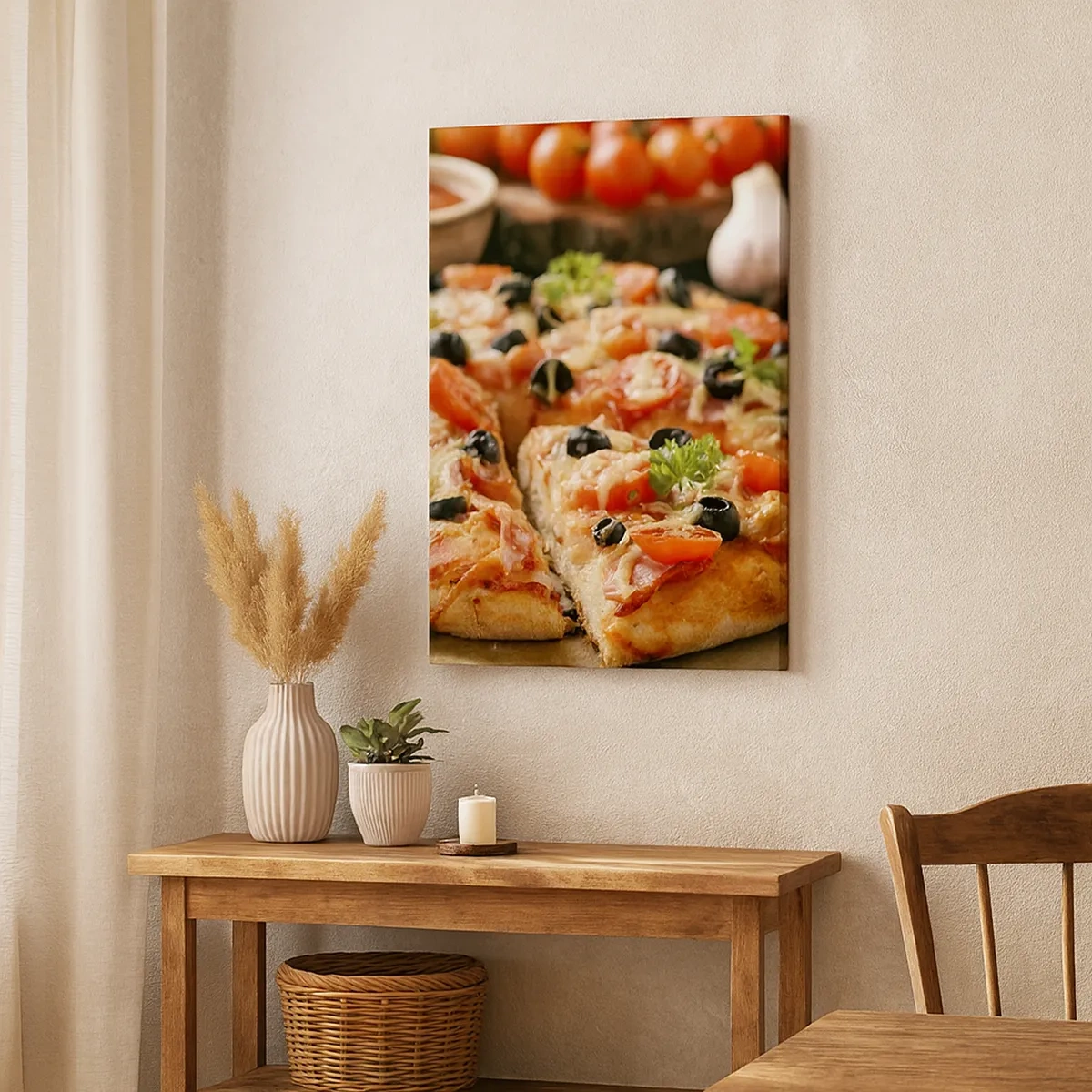 Cuadro sobre lienzo - Impresión de Imagen - Pizza con tomates, aceitunas y hierbas frescas en la mesa. - 50x70cm - Delicioso aroma - Decoración de pared moderna para salón y dormitorio ARTTOR