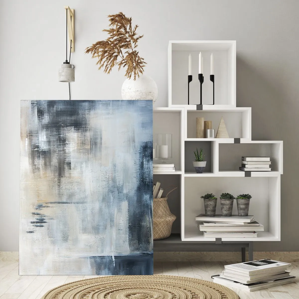 Cuadro sobre vidrio - Impresiones sobre Vidrio - Composición abstracta en tonos azules y grises. - 70x100cm - Detrás de un velo azul - Decoración de pared moderna para salón y dormitorio ARTTOR