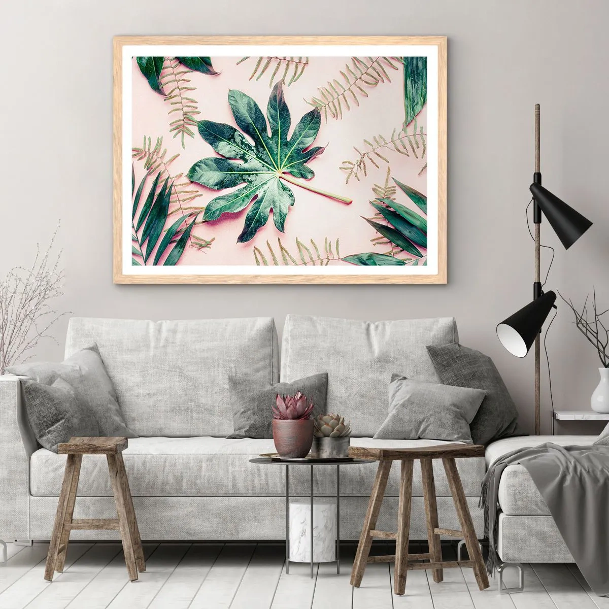 Póster en marco roble claro - Estudio de vegetación sobre fondo rosa - 100x70 cm