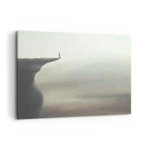 Cuadro sobre lienzo - Impresión de Imagen - Silueta de una figura en el borde de un acantilado en un paisaje brumoso - 100x70cm - Hacia arriba, ¡por supuesto! - Decoración de pared moderna para salón y dormitorio ARTTOR