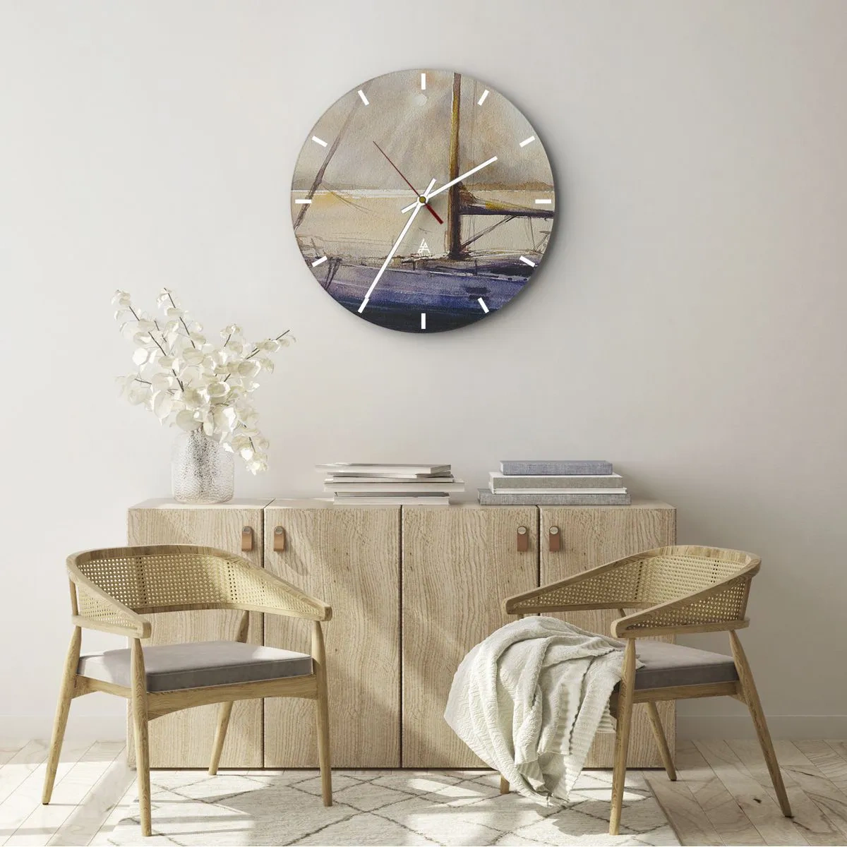 Reloj de pared - Reloj de vidrio - Un yate en el agua al atardecer en estilo acuarela. - 30x30cm - Atardecer en la bahía - Decoración de pared moderna para salón, cocina y dormitorio ARTTOR