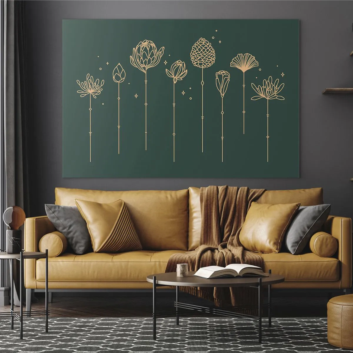 Cuadro sobre vidrio - Impresiones sobre Vidrio - Contornos dorados de hierbas y flores sobre un fondo verde oscuro. - 120x80cm - La familia vegetal - Decoración de pared moderna para salón y dormitorio ARTTOR