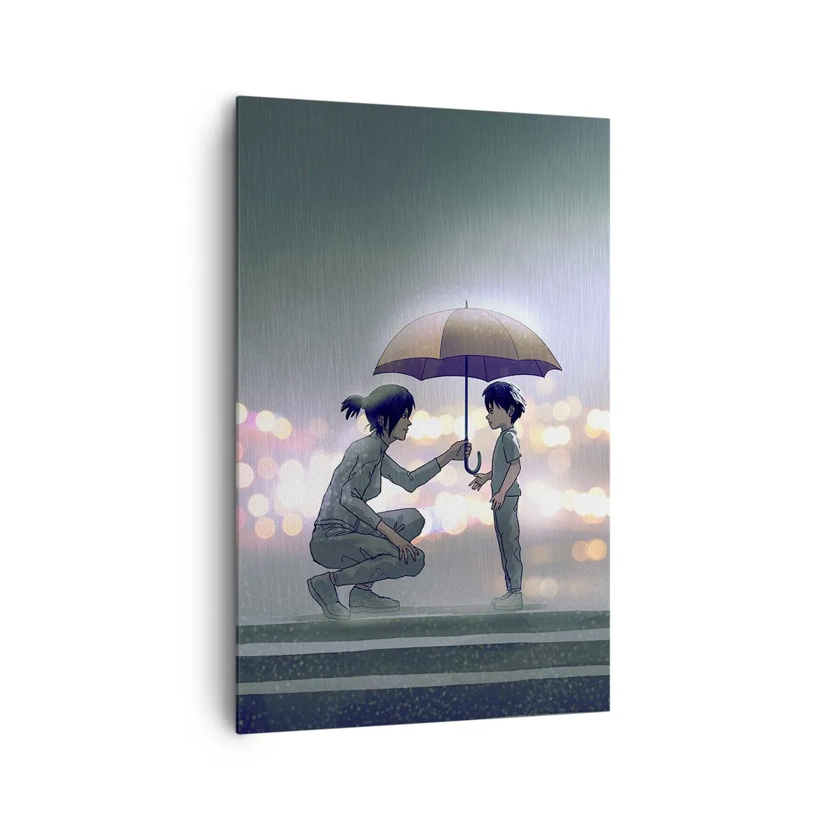 Cuadro sobre lienzo - Impresión de Imagen - Una figura con un paraguas protegiendo a un niño contra el fondo de luces nocturnas. - 80x120cm - Y todo está bien - Decoración de pared moderna para salón y dormitorio ARTTOR