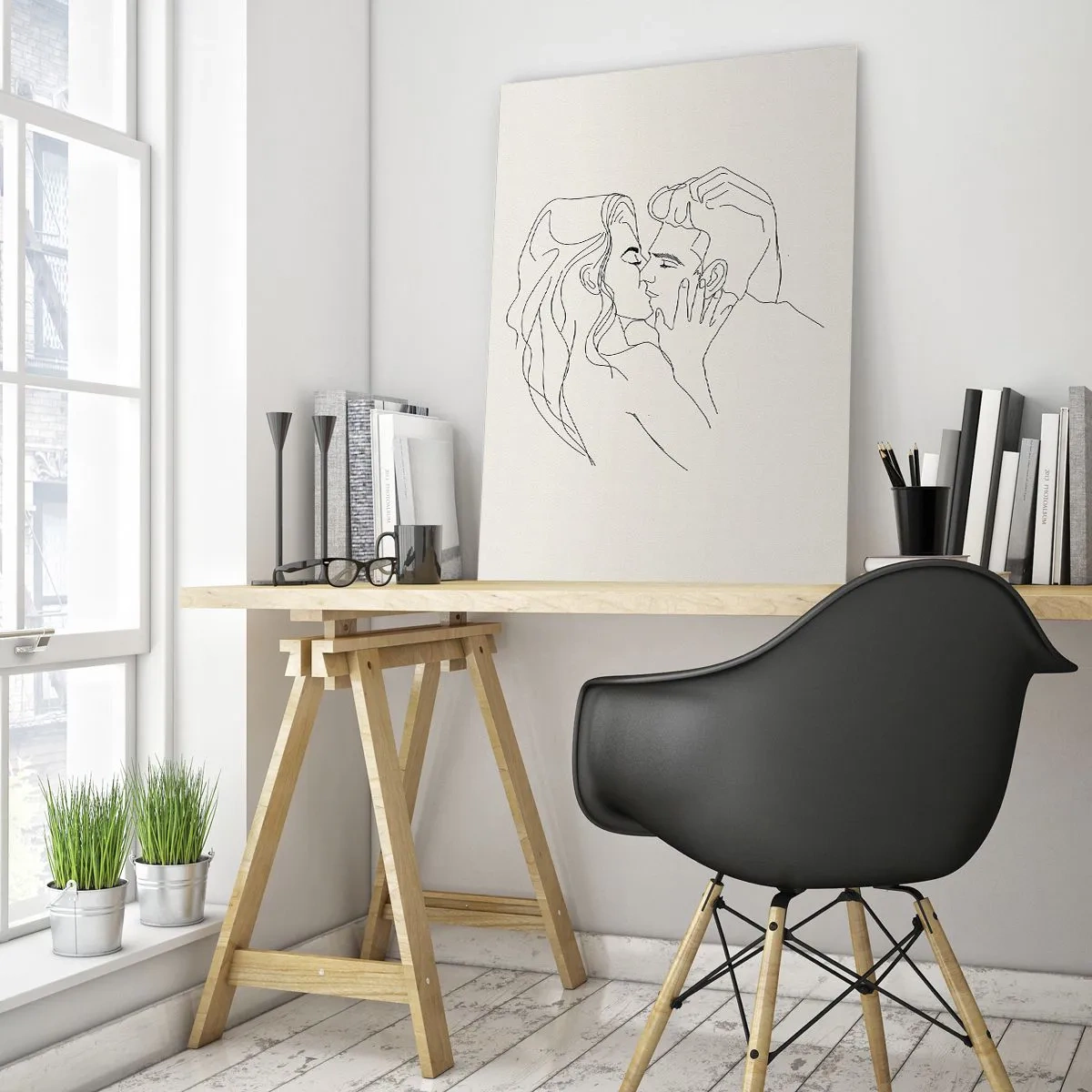 Cuadro sobre vidrio - Impresiones sobre Vidrio - Un beso sensual de una pareja en la línea de contorno. - 50x70cm - Unión y sentimiento - Decoración de pared moderna para salón y dormitorio ARTTOR
