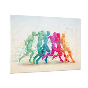 Cuadro sobre vidrio - Impresiones sobre Vidrio - Un abstracto colorido que representa el movimiento de una figura corriendo. - 100x70cm - Armonía del movimiento - Decoración de pared moderna para salón y dormitorio ARTTOR