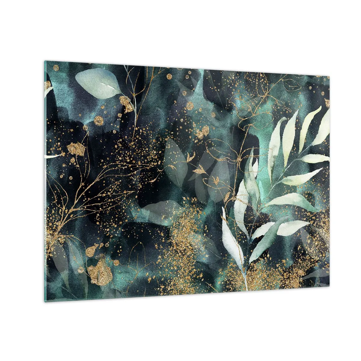 Cuadro sobre vidrio - Impresiones sobre Vidrio - Hojas doradas y verdes sobre un fondo oscuro. - 70x50cm - Jardín encantado - Decoración de pared moderna para salón y dormitorio ARTTOR