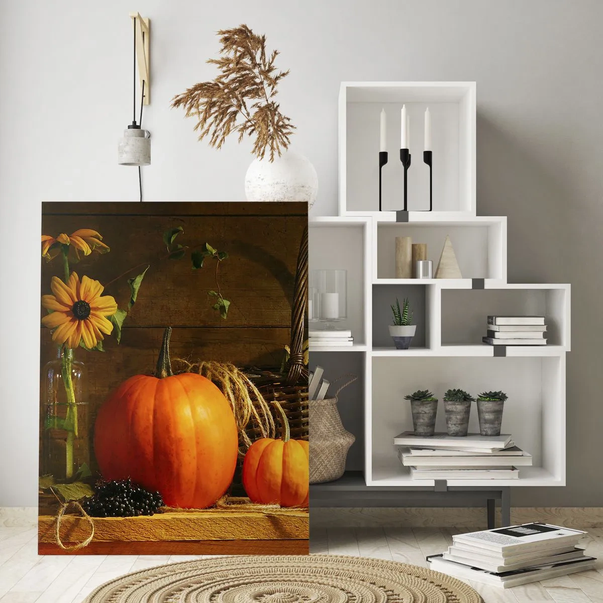 Cuadro sobre vidrio - Impresiones sobre Vidrio - Bodegón otoñal con calabazas y flores - 50x70cm - Composición rústica - regalos de otoño - Decoración de pared moderna para salón y dormitorio ARTTOR
