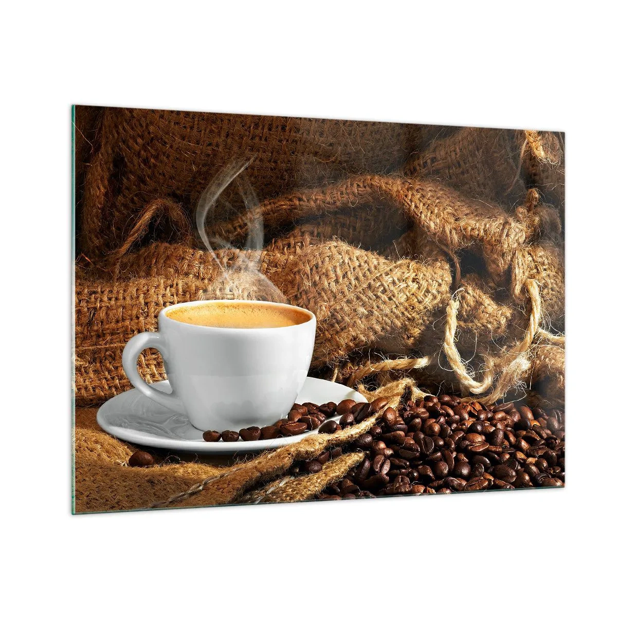 Cuadro sobre vidrio - Impresiones sobre Vidrio - Una taza de café con granos sobre un fondo de yute. - 100x70cm - Olor a moca y densidad del líquido meloso - Decoración de pared moderna para salón y dormitorio ARTTOR