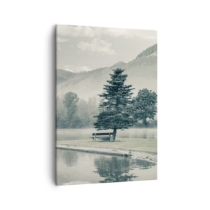 Cuadro sobre lienzo - Impresión de Imagen - Un pintoresco lago con un banco y niebla al fondo. - 50x70cm - El lago sigue durmiendo - Decoración de pared moderna para salón y dormitorio ARTTOR