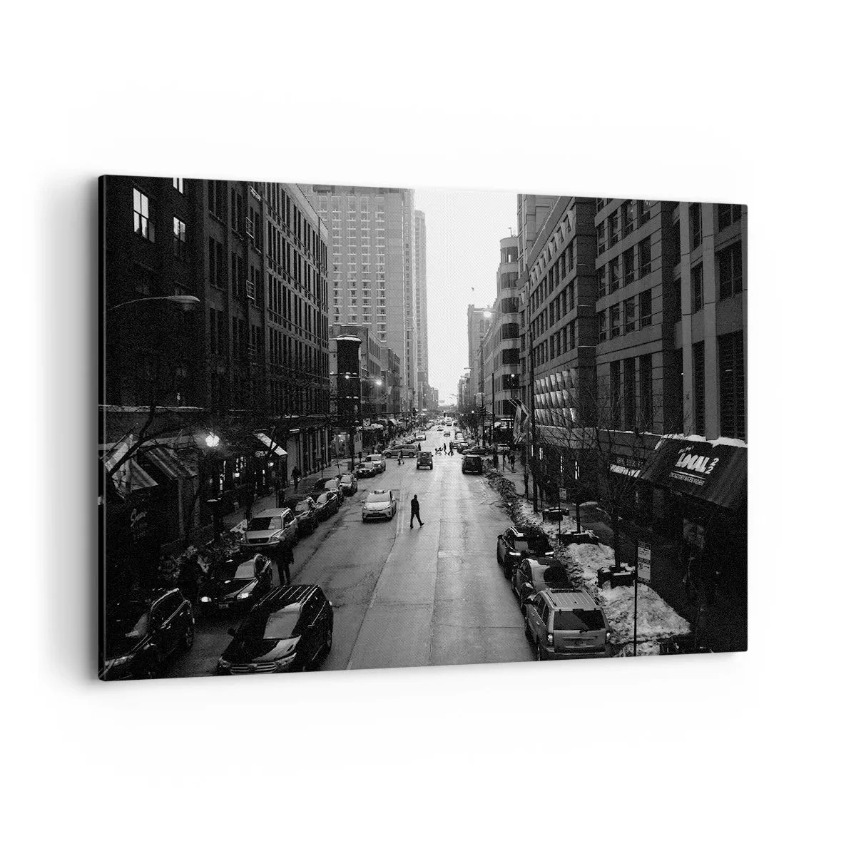 Cuadro sobre lienzo - Impresión de Imagen - Una calle en blanco y negro en el centro de la ciudad con coches y peatones. - 100x70cm - Un día como otro cualquiera - Decoración de pared moderna para salón y dormitorio ARTTOR