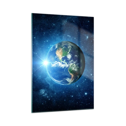 Cuadro sobre vidrio - Impresiones sobre Vidrio - La Tierra vista desde el espacio con rayos de luz. - 50x70cm - Estamos en el cielo - Decoración de pared moderna para salón y dormitorio ARTTOR