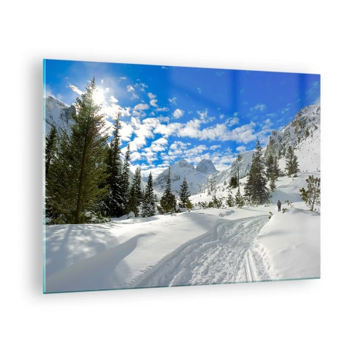 Cuadro sobre vidrio - Impresiones sobre Vidrio - Paisaje invernal de montaña con bosque y cielo azul. - 70x50cm - Nieve y sol - Decoración de pared moderna para salón y dormitorio ARTTOR