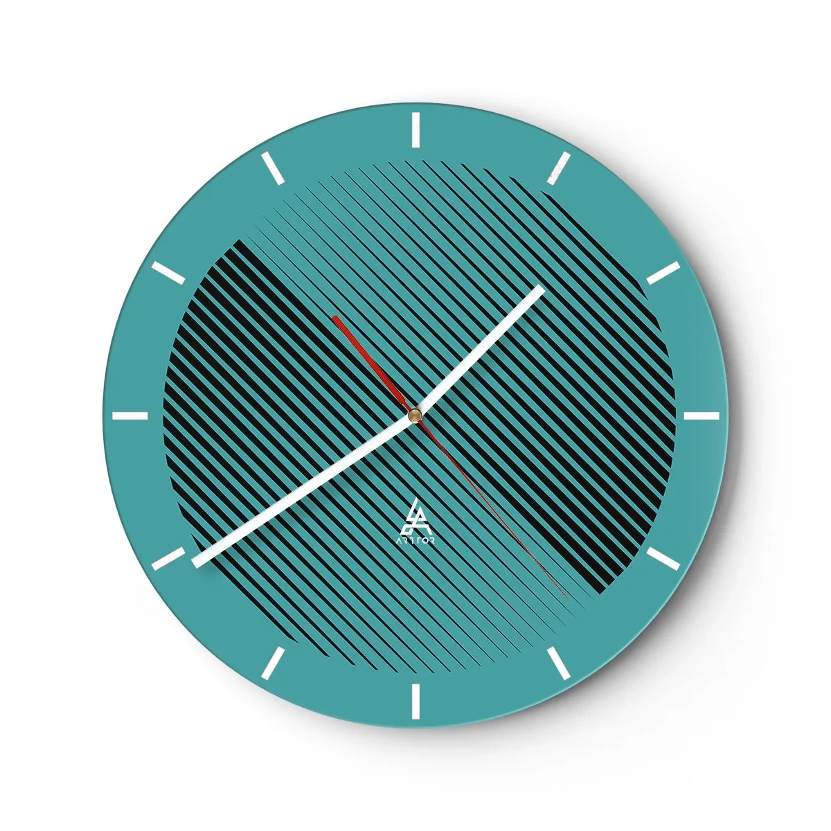 Reloj de pared - Reloj de vidrio - Fondo turquesa con líneas diagonales negras en disposición geométrica. - 30x30cm - El círculo: una variación geométrica - Decoración de pared moderna para salón, cocina y dormitorio ARTTOR