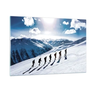 Cuadro sobre vidrio - Impresiones sobre Vidrio - Grupo escalando una ladera nevada en las montañas - 120x80cm - Equipo de conquistadores - Decoración de pared moderna para salón y dormitorio ARTTOR