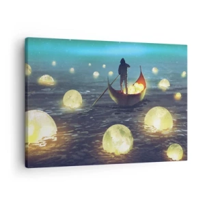 Cuadro sobre lienzo - Impresión de Imagen - Una figura en un barco rodeada de bolas luminosas en el agua. - 70x50cm - Cosas que los filósofos nunca soñaron - Decoración de pared moderna para salón y dormitorio ARTTOR