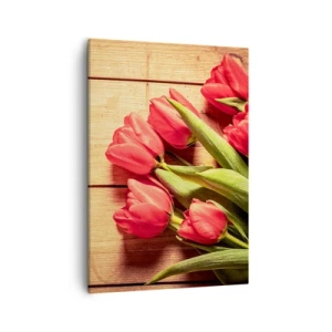 Cuadro sobre lienzo - Impresión de Imagen - Un ramo de tulipanes rosas sobre un fondo de madera. - 50x70cm - Una confesión primaveral - Decoración de pared moderna para salón y dormitorio ARTTOR