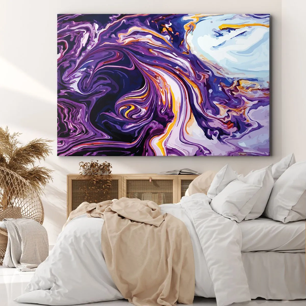Cuadro sobre lienzo - Impresión de Imagen - Un patrón abstracto dinámico en tonos morado y amarillo. - 70x50cm - Una curva en el violeta - Decoración de pared moderna para salón y dormitorio ARTTOR