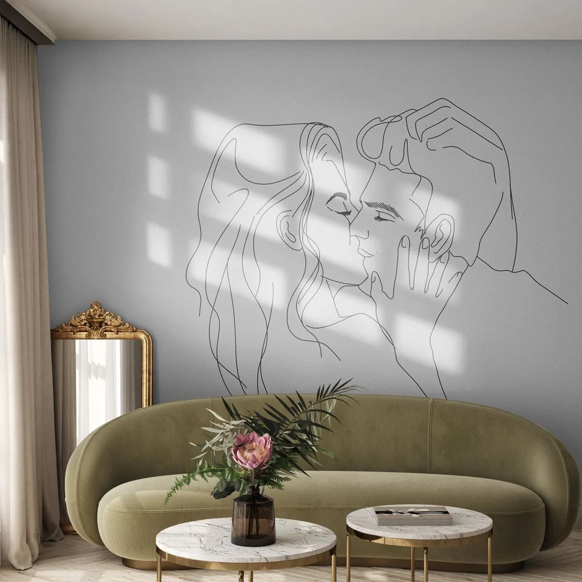 Fotomural Standard Eco - Un dibujo minimalista de una pareja enamorada con una línea continua. - 100x70cm - Alineados - Decoración de pared moderna para salón y dormitorio ARTTOR